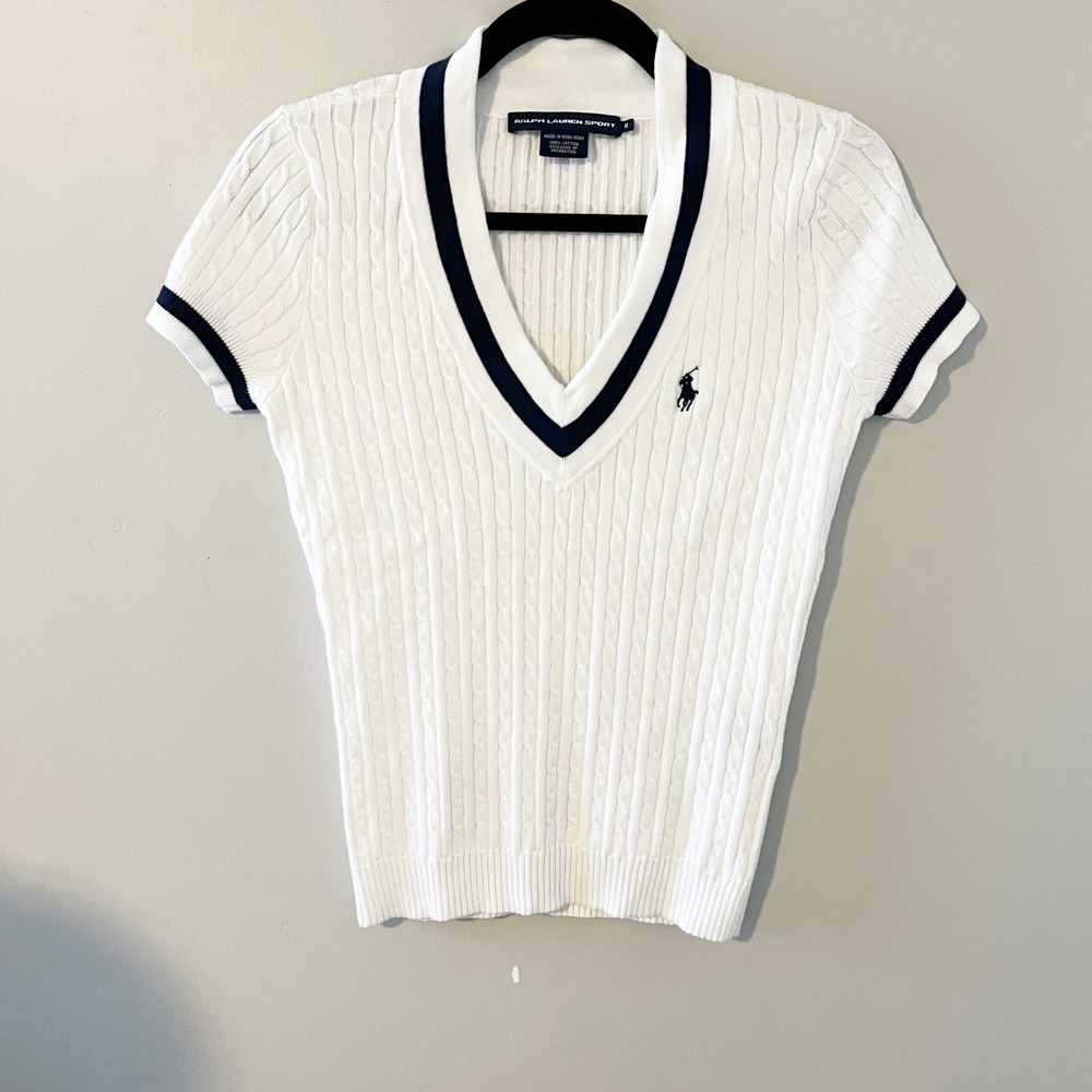 Vintage Ralph Lauren Sport White Cable Knit V-Neck Short Sleeve Sweater